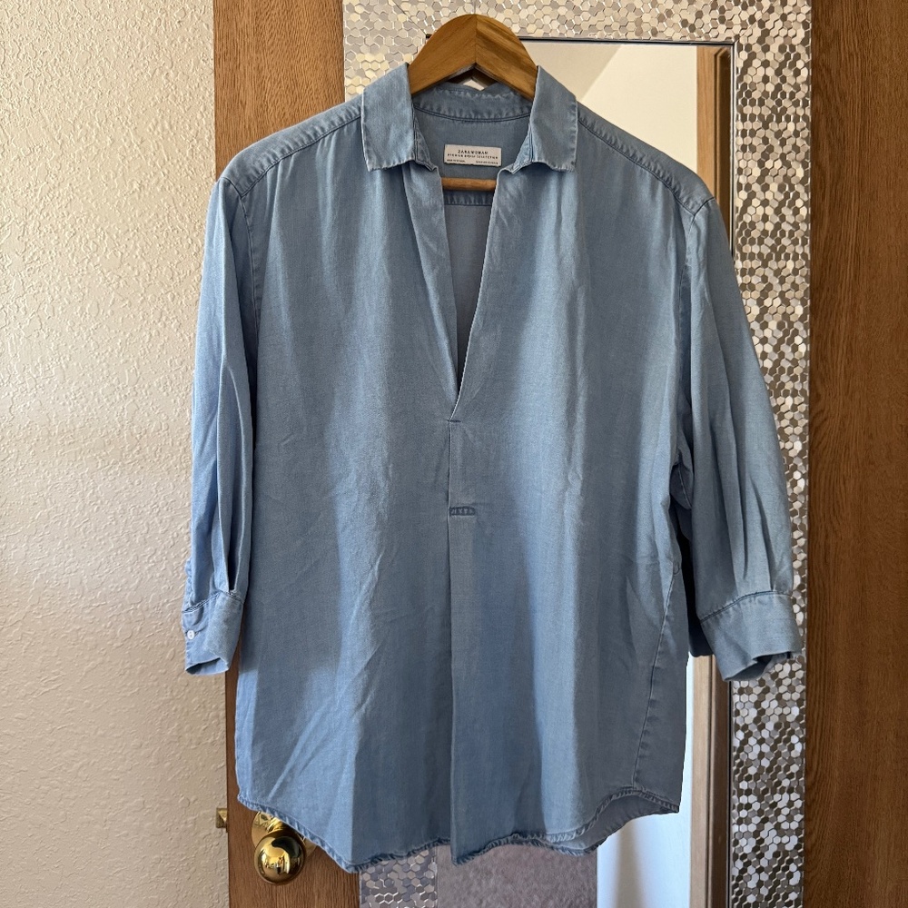 Women Zara premium denim collared blouse_xs